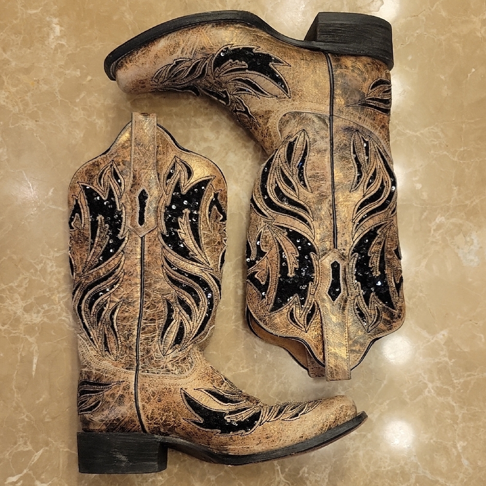 Corral Women's Western Cowboy Boots Black and Tan Leather, 7.5 - Picture 5 of 16